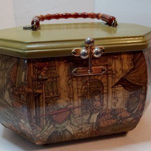 Vintage Anton Pieck Wooden Box Purse with Lucite Handle